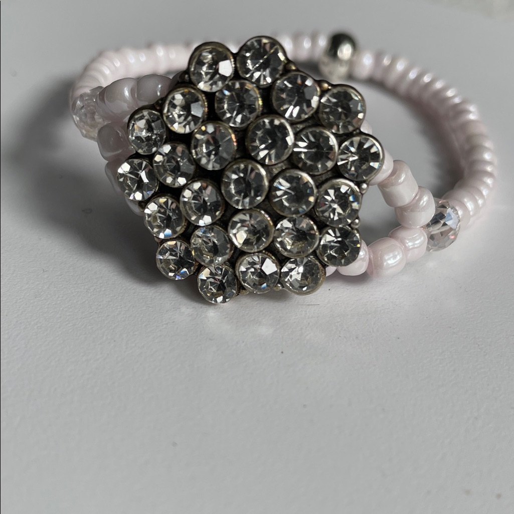 Delicate Pink Beaded Bracelet With Crystal Flower Accent